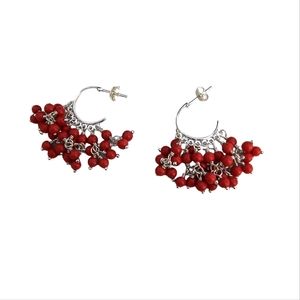 Sterling Silver and Red Bead Cluster Boho Contemporary Earrings New